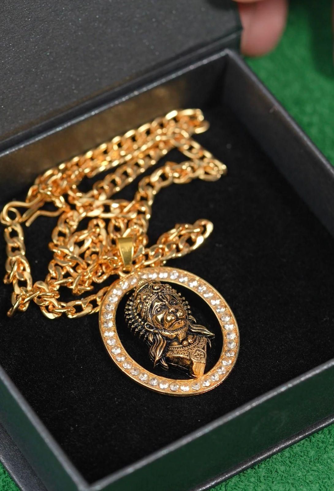 Gold-Plated Hanuman Ji Diamond Alloy Pendant Locket Set