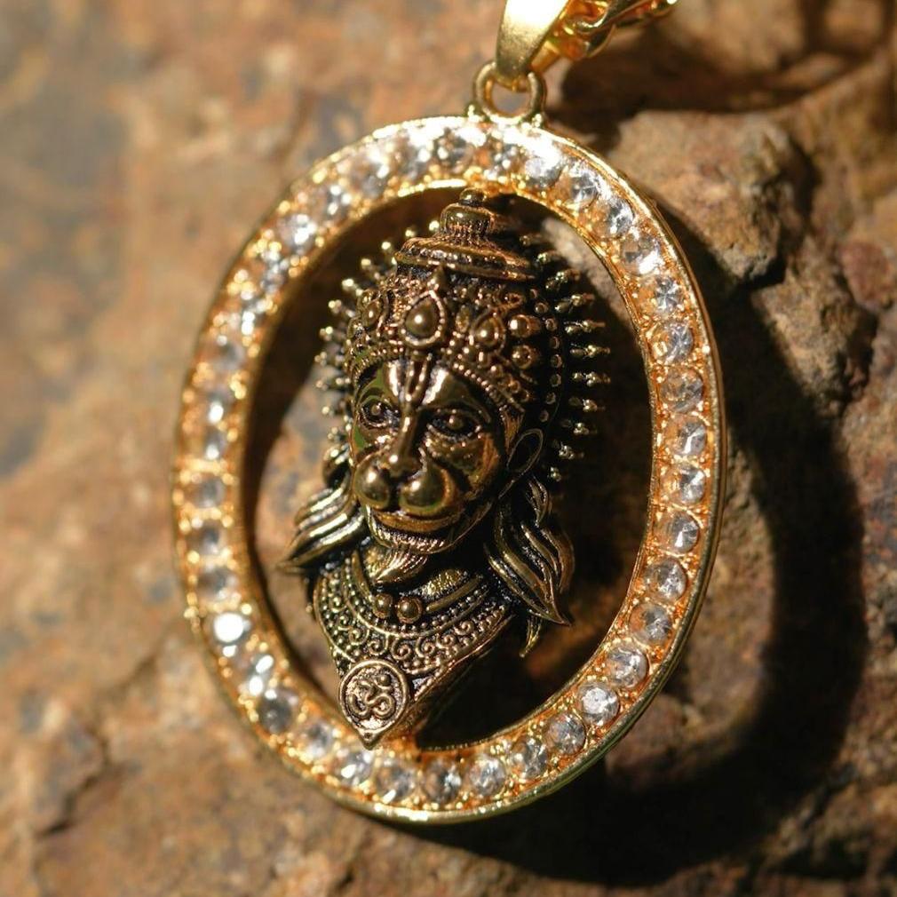 Gold-Plated Hanuman Ji Diamond Alloy Pendant Locket Set