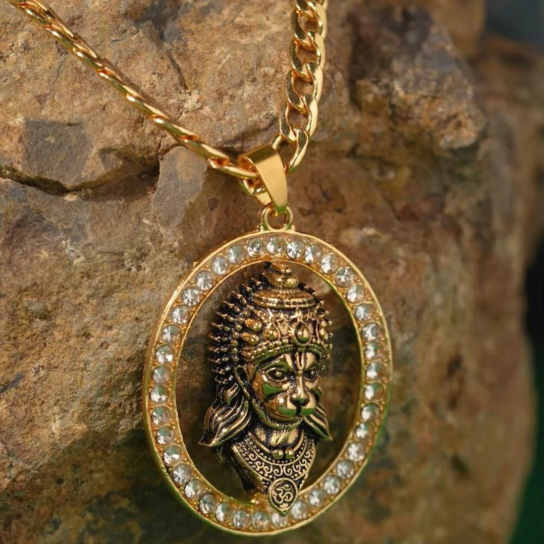 Gold-Plated Hanuman Ji Diamond Alloy Pendant Locket Set