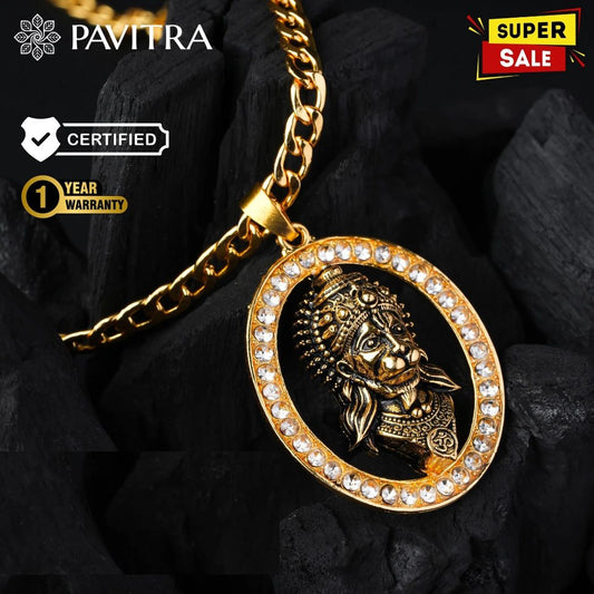 Gold-Plated Hanuman Ji Diamond Alloy Pendant Locket Set